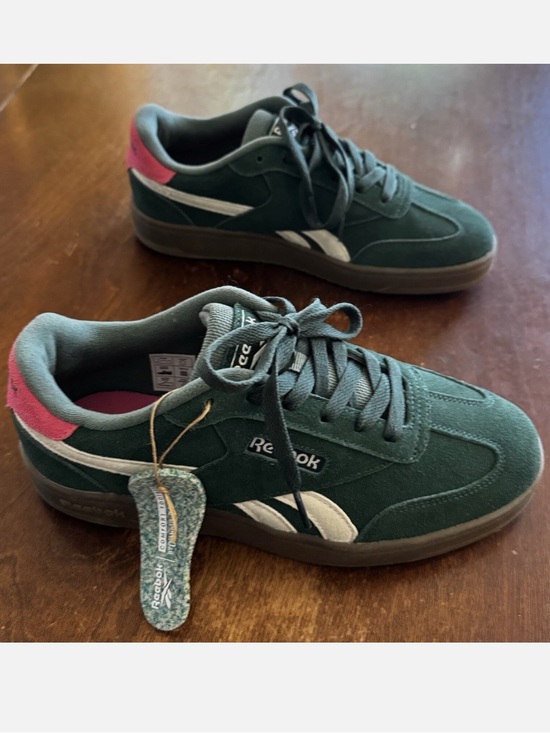 Reebok Shoes - Reebok Dark Green Suede Low-Top Sneakers with Pink Heel